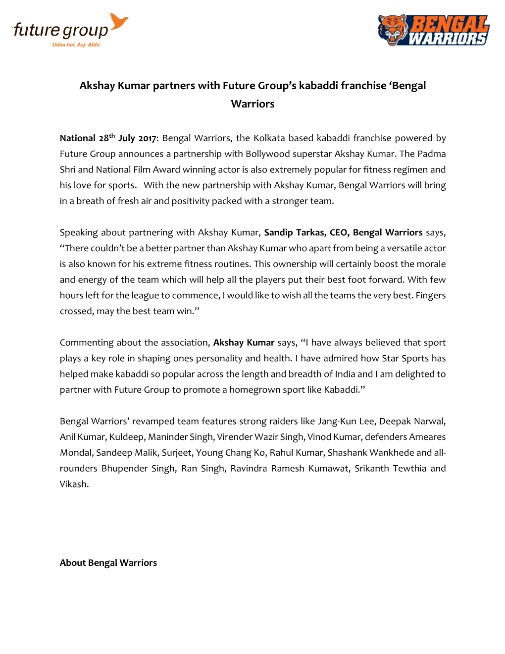 Akshay Kumar Partners with Future Group's Kabaddi Franchise 'Bengal Warriors
