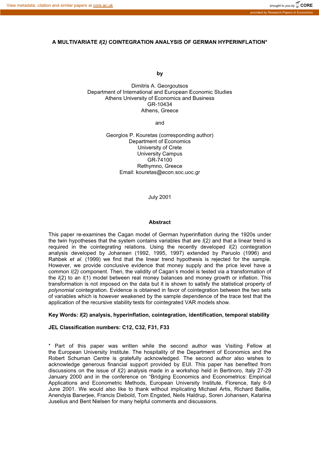 Cointegration Analysis and German Hyperinflation