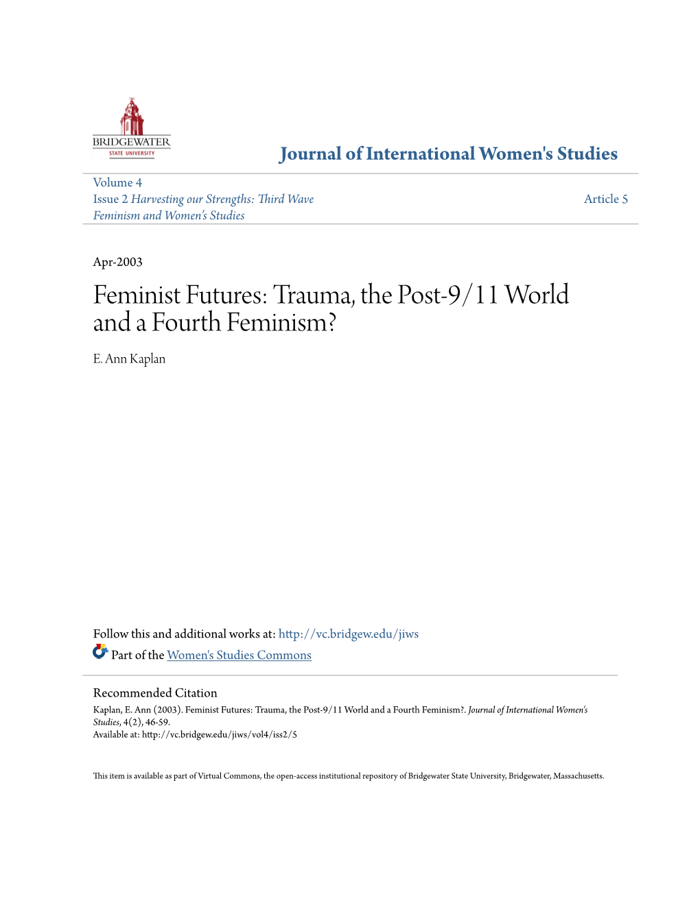 Feminist Futures: Trauma, the Post-9/11 World and a Fourth Feminism? E