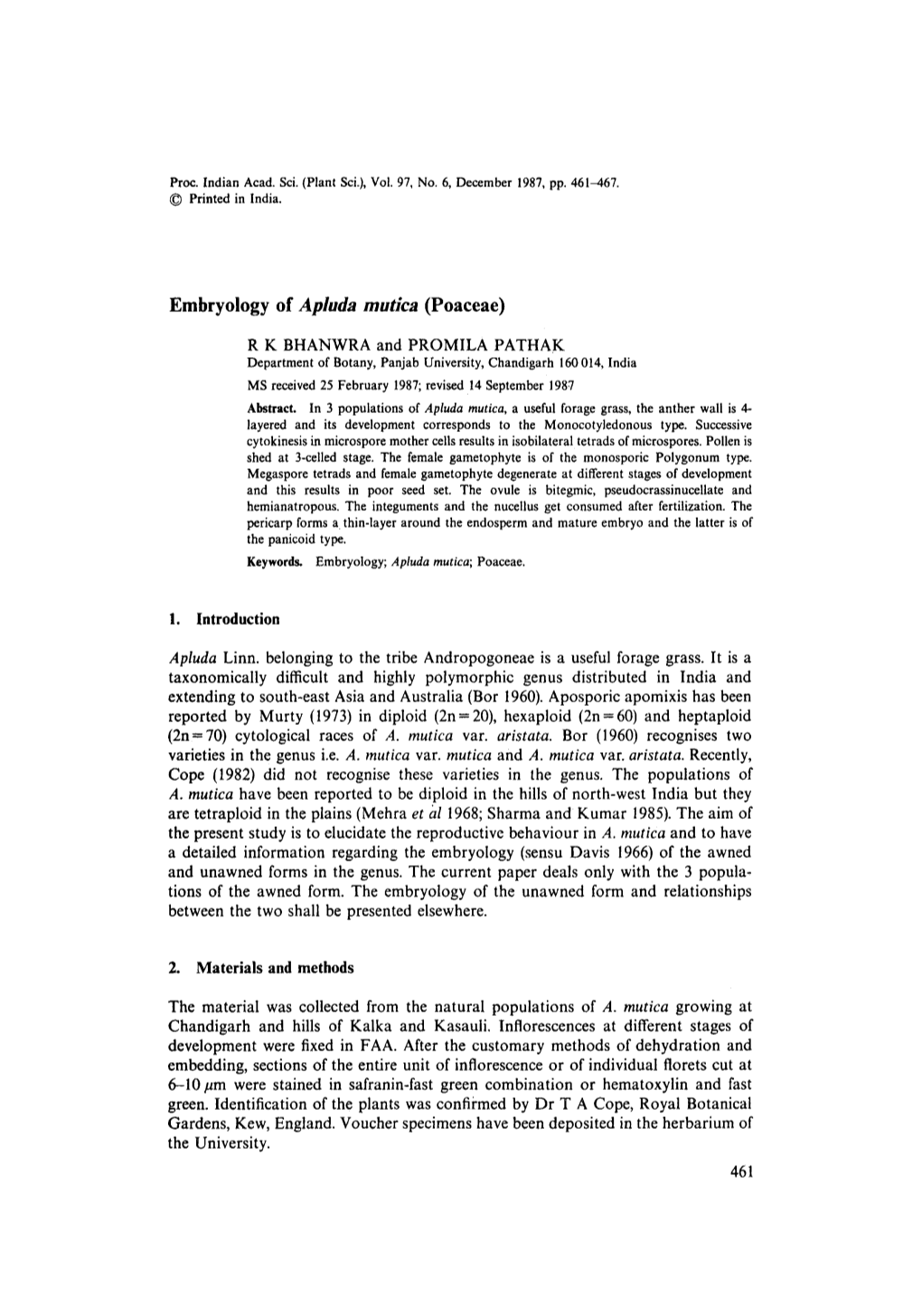 Embryology of &lt;Emphasis Type="Italic"&gt;Apluda Mutica &lt;/Emphasis&gt; (Poaceae)