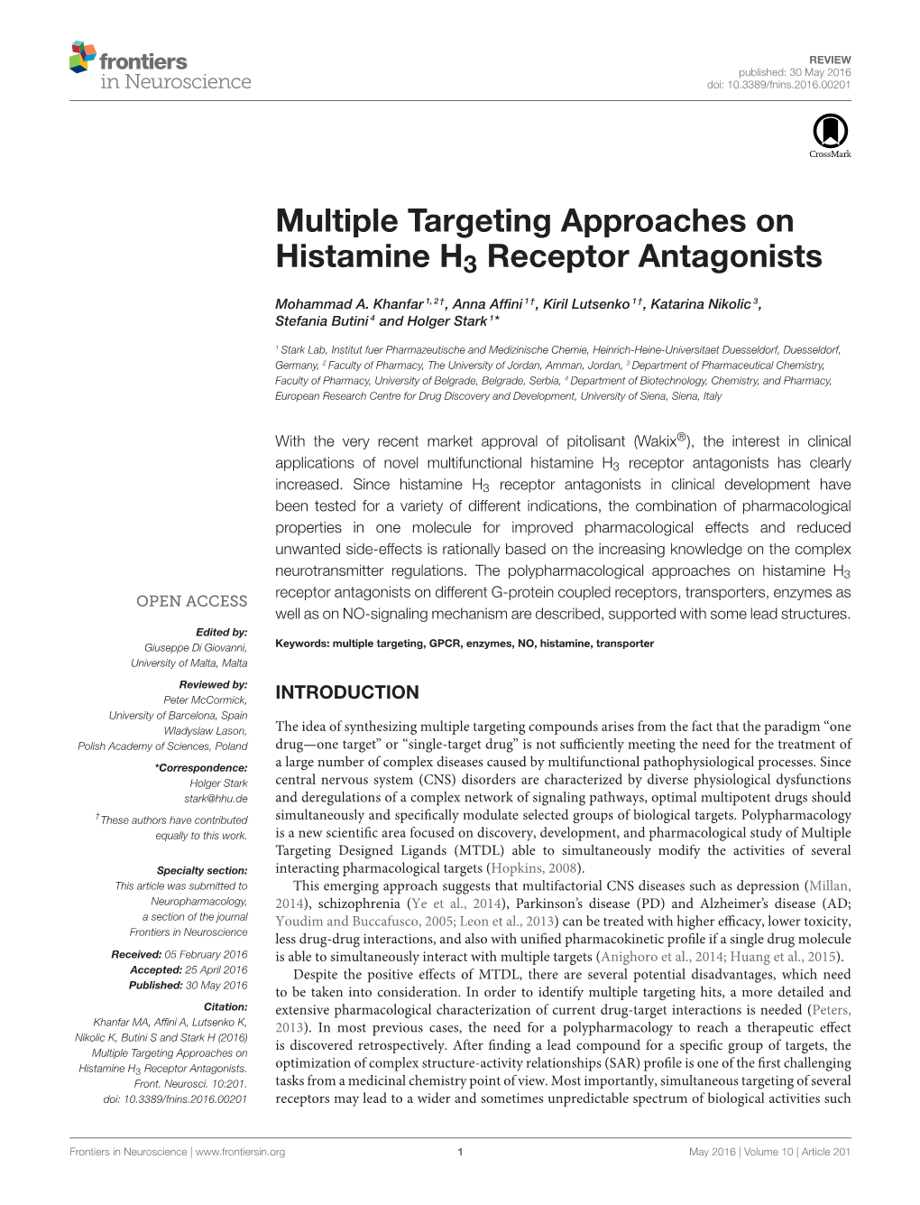 Multiple Targeting Approaches on Histamine H3 Receptor Antagonists