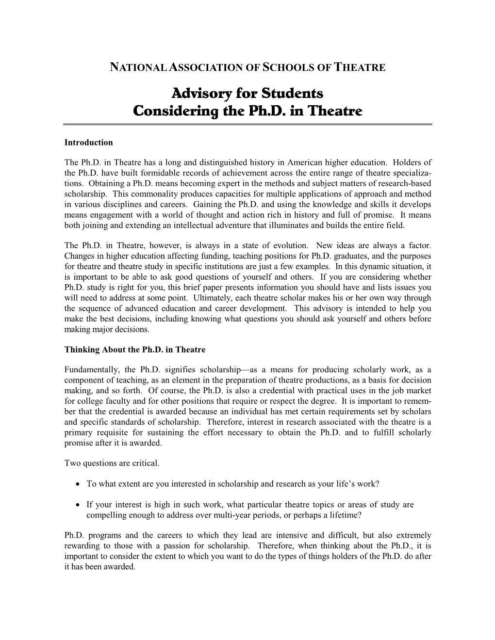 Advisory for Students Considering the Ph.D. in Theatre