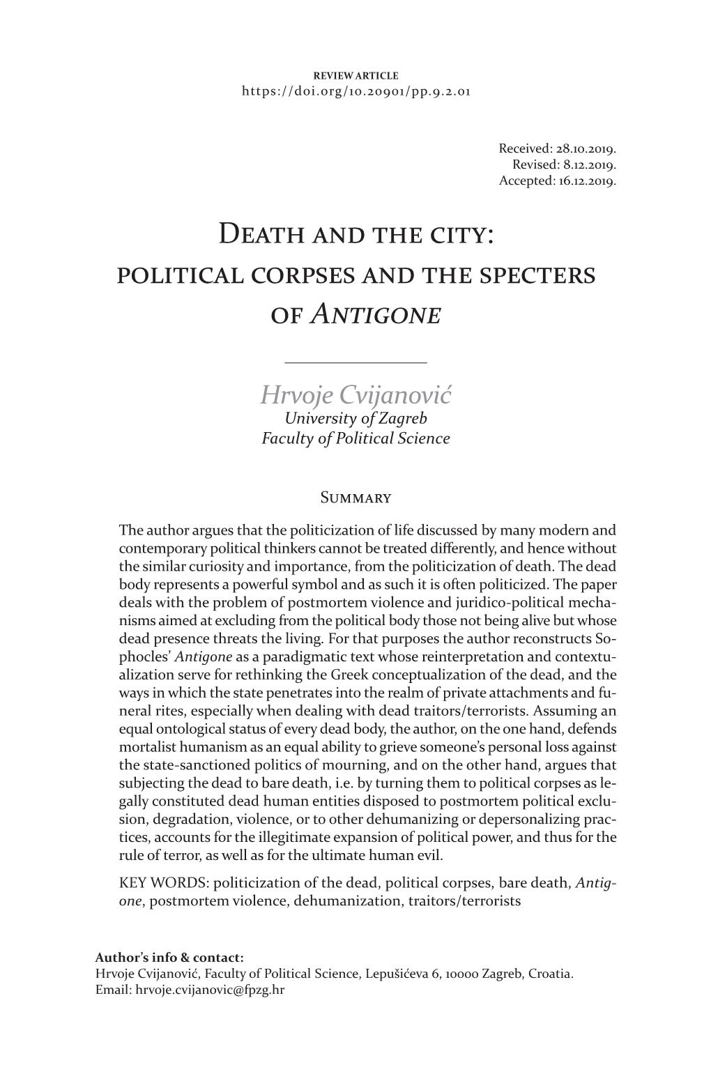 Death and the City: Political Corpses and the Specters of Antigone