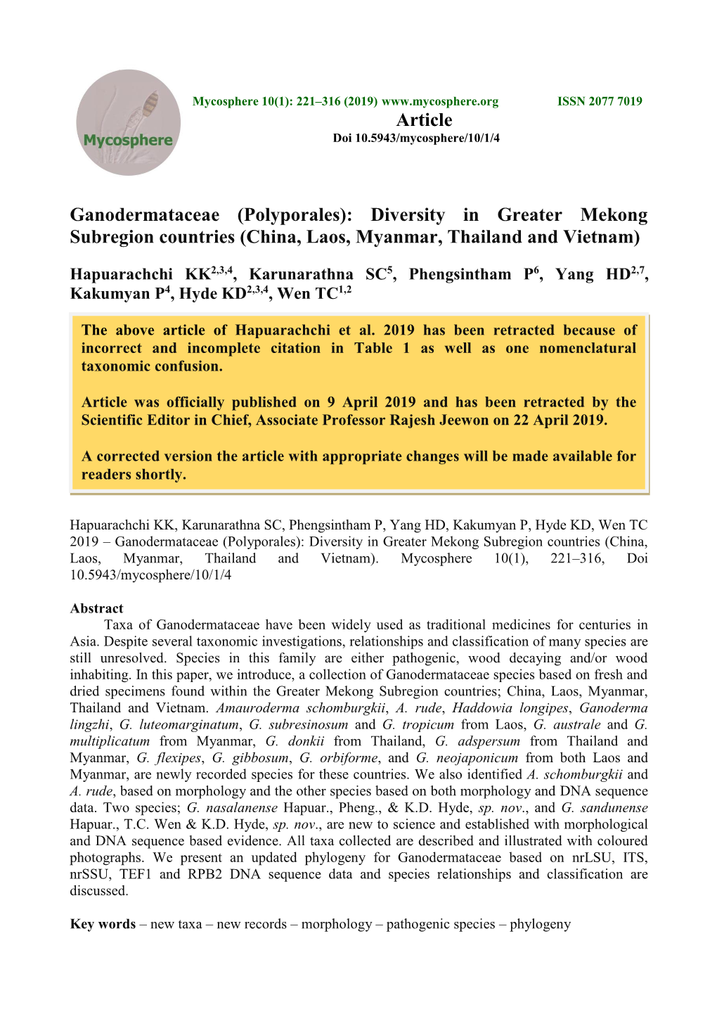 Ganodermataceae (Polyporales): Diversity in Greater Mekong Subregion Countries (China, Laos, Myanmar, Thailand and Vietnam)