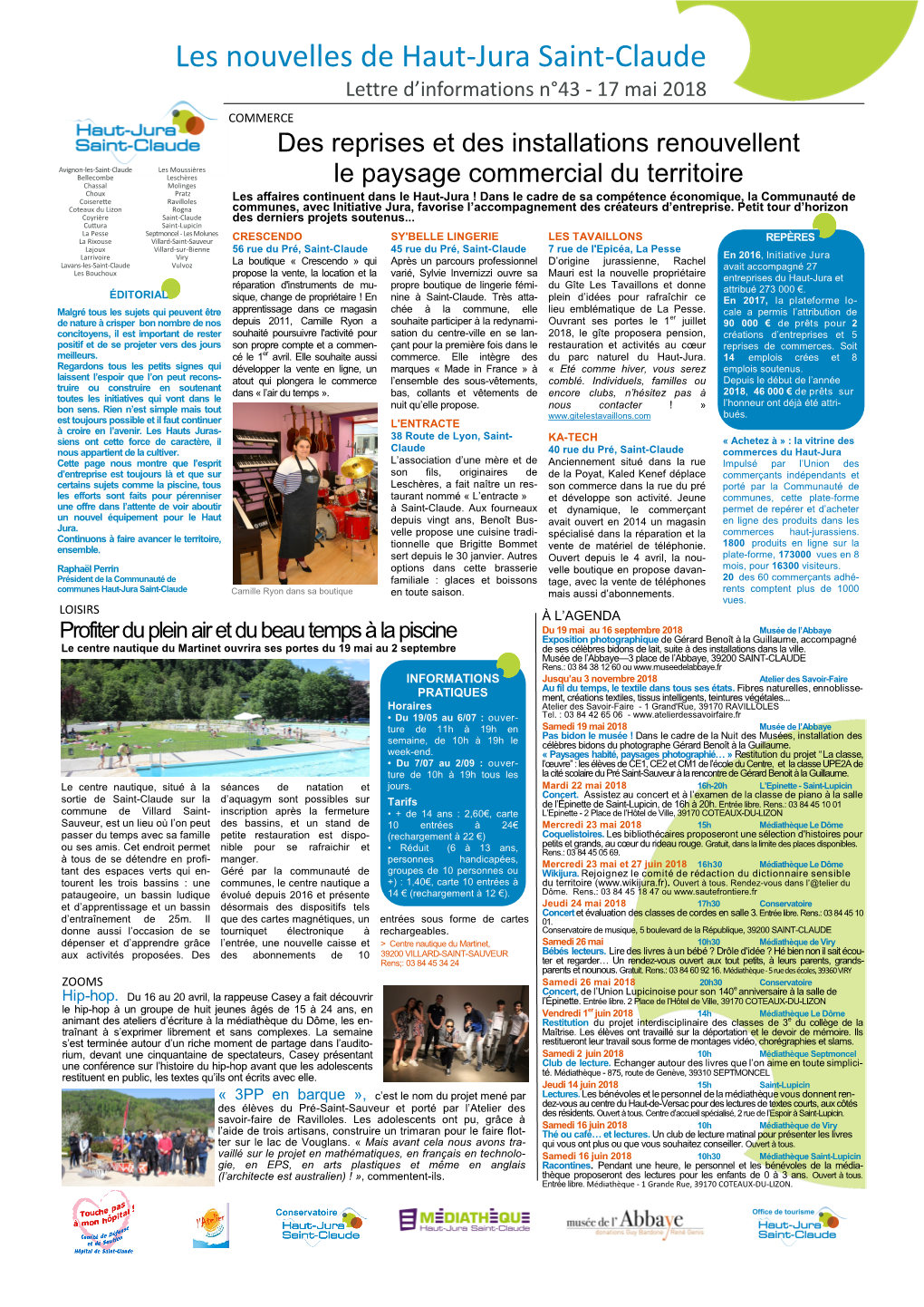 Les Nouvelles De Haut-Jura Saint-Claude Lettre D’Informations N°43 - 17 Mai 2018 COMMERCE Des Reprises Et Des Installations Renouvellent