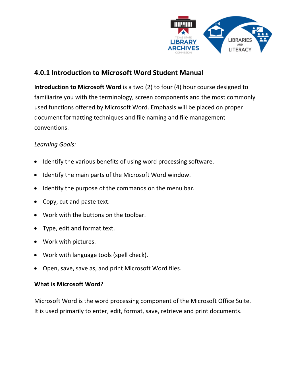 4.0.1 Introduction to Microsoft Word Student Manual