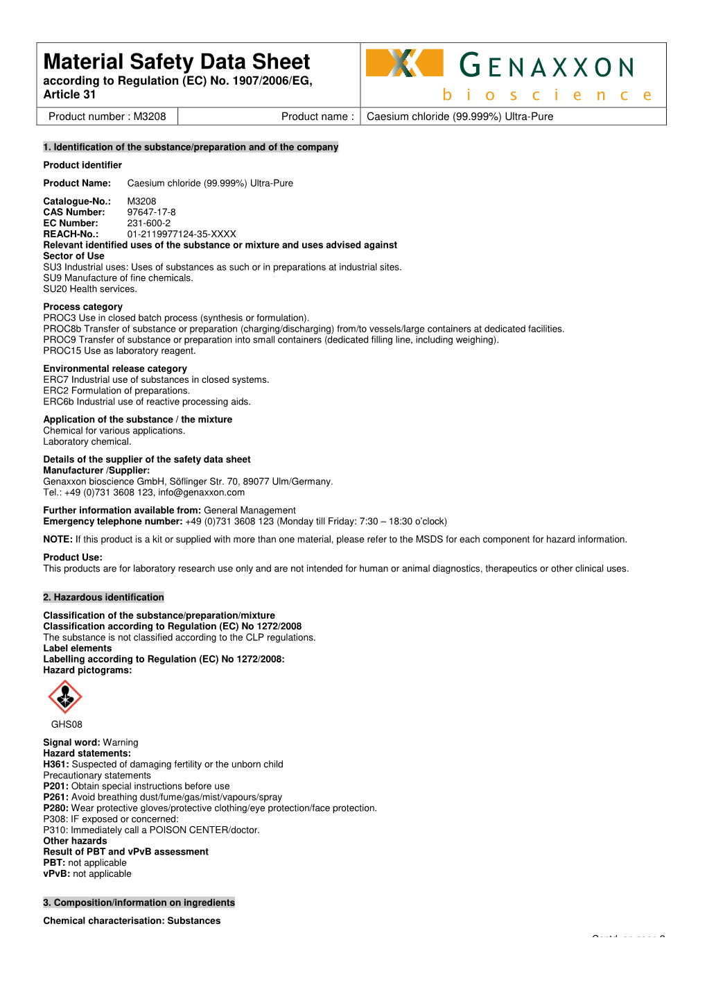 MSDS for Each Component for Hazard Information