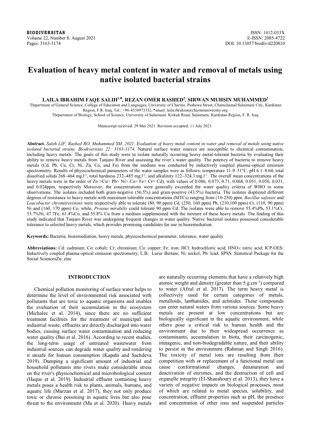 Evaluation of Heavy Metal Content in Water and Removal of Metals Using Native Isolated Bacterial Strains