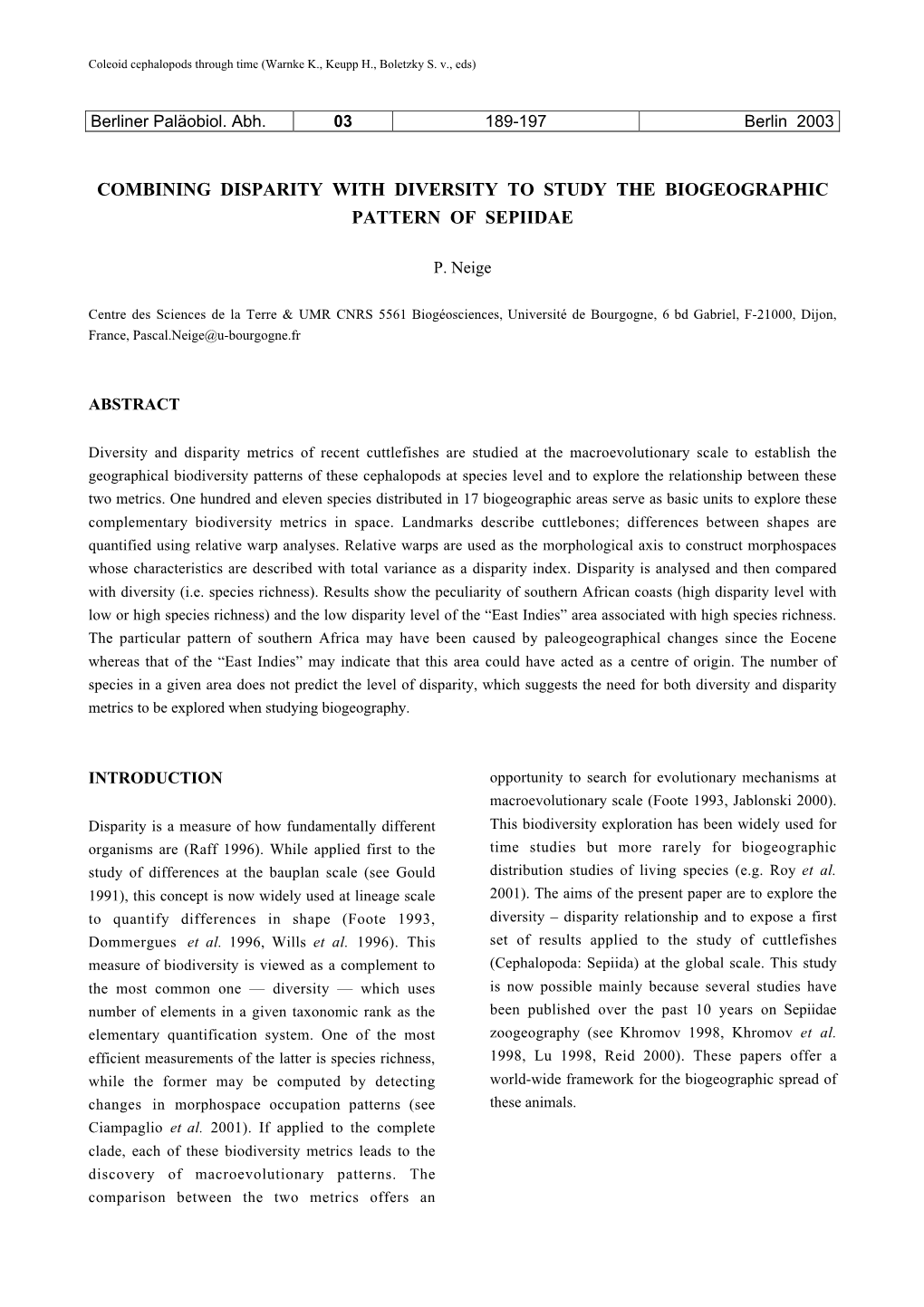 Combining Disparity with Diversity to Study the Biogeographic Pattern of Sepiidae