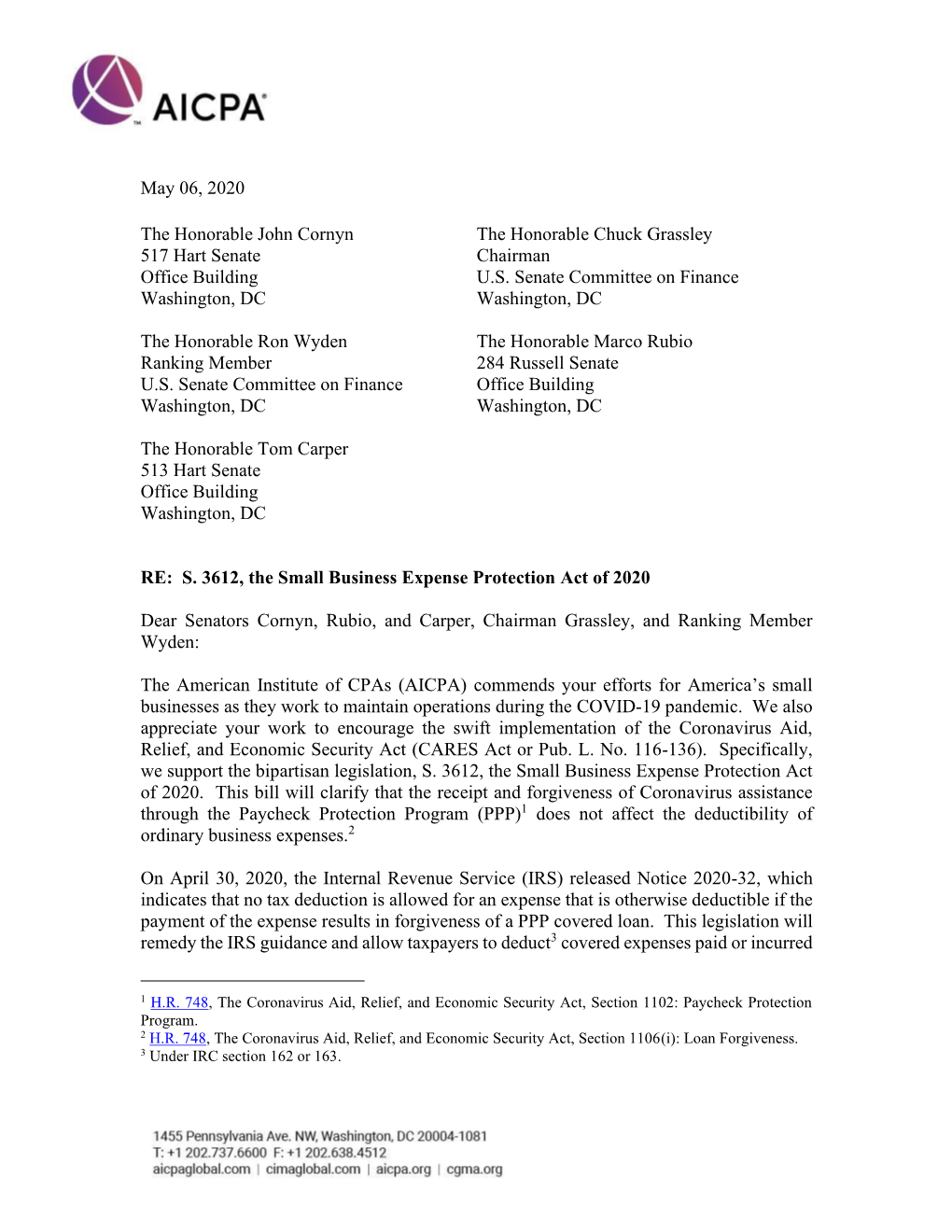 AICPA Letter of Support for S. 3612 Small Business Expense Protection