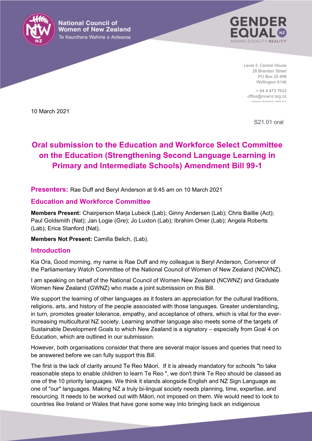 Strengthening Second Language Learning in Primary and Intermediate Schools) Amendment Bill 99-1