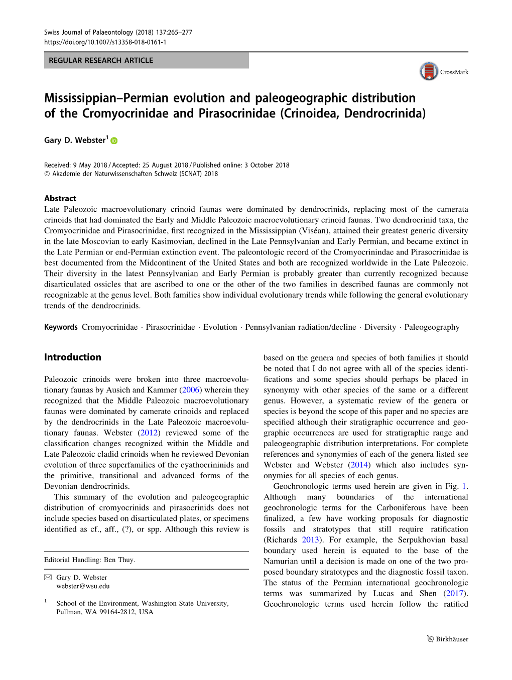 Mississippian–Permian Evolution and Paleogeographic Distribution of the Cromyocrinidae and Pirasocrinidae (Crinoidea, Dendrocrinida)