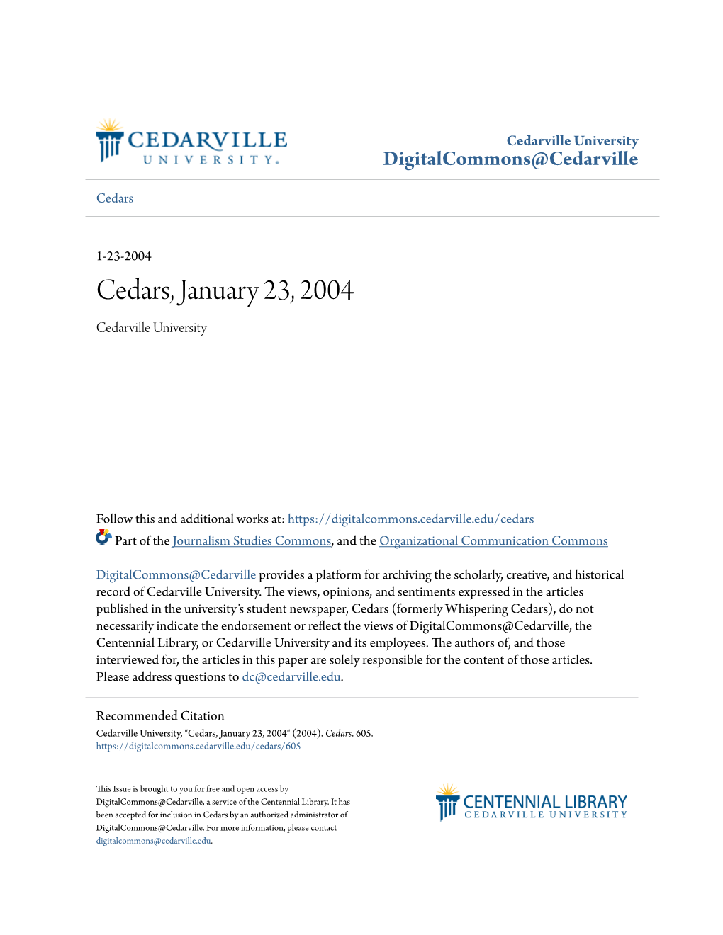Cedars, January 23, 2004 Cedarville University