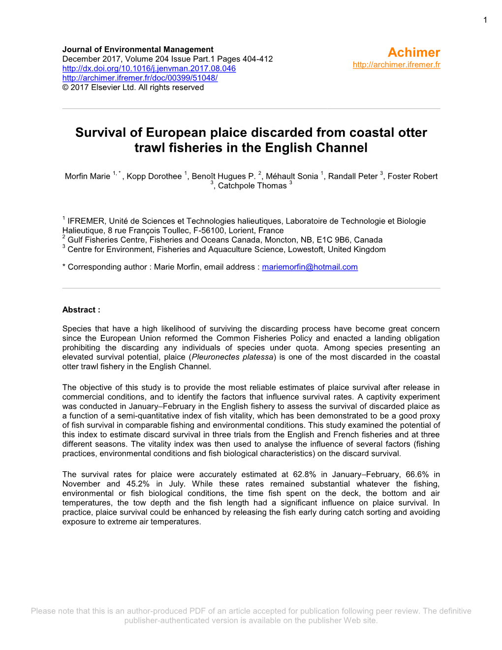 Survival of European Plaice Discarded from Coastal Otter Trawl Fisheries in the English Channel