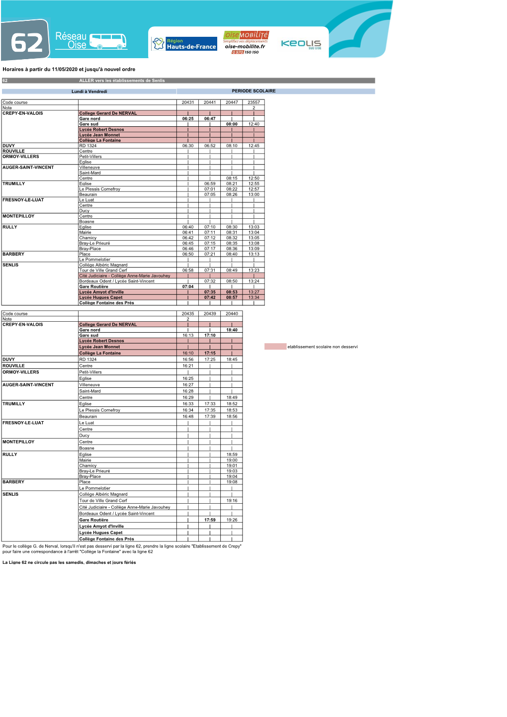 Horaires À Partir Du 11/05/2020 Et Jusqu'à Nouvel Ordre