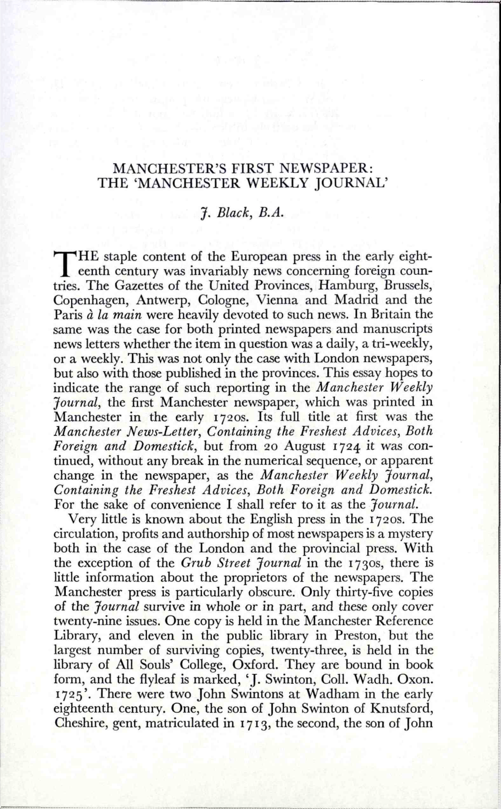 Manchester's First Newspaper: the 'Manchester Weekly Journal'