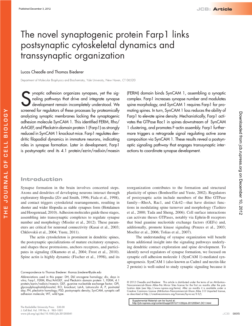 The Novel Synaptogenic Protein Farp1 Links Postsynaptic Cytoskeletal Dynamics and Transsynaptic Organization