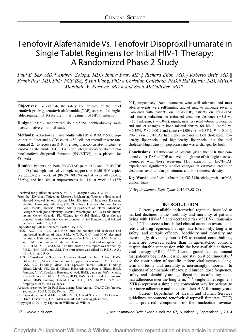 Tenofovir Alafenamide Vs. Tenofovir Disoproxil Fumarate in Single Tablet Regimens for Initial HIV-1 Therapy: a Randomized Phase 2 Study