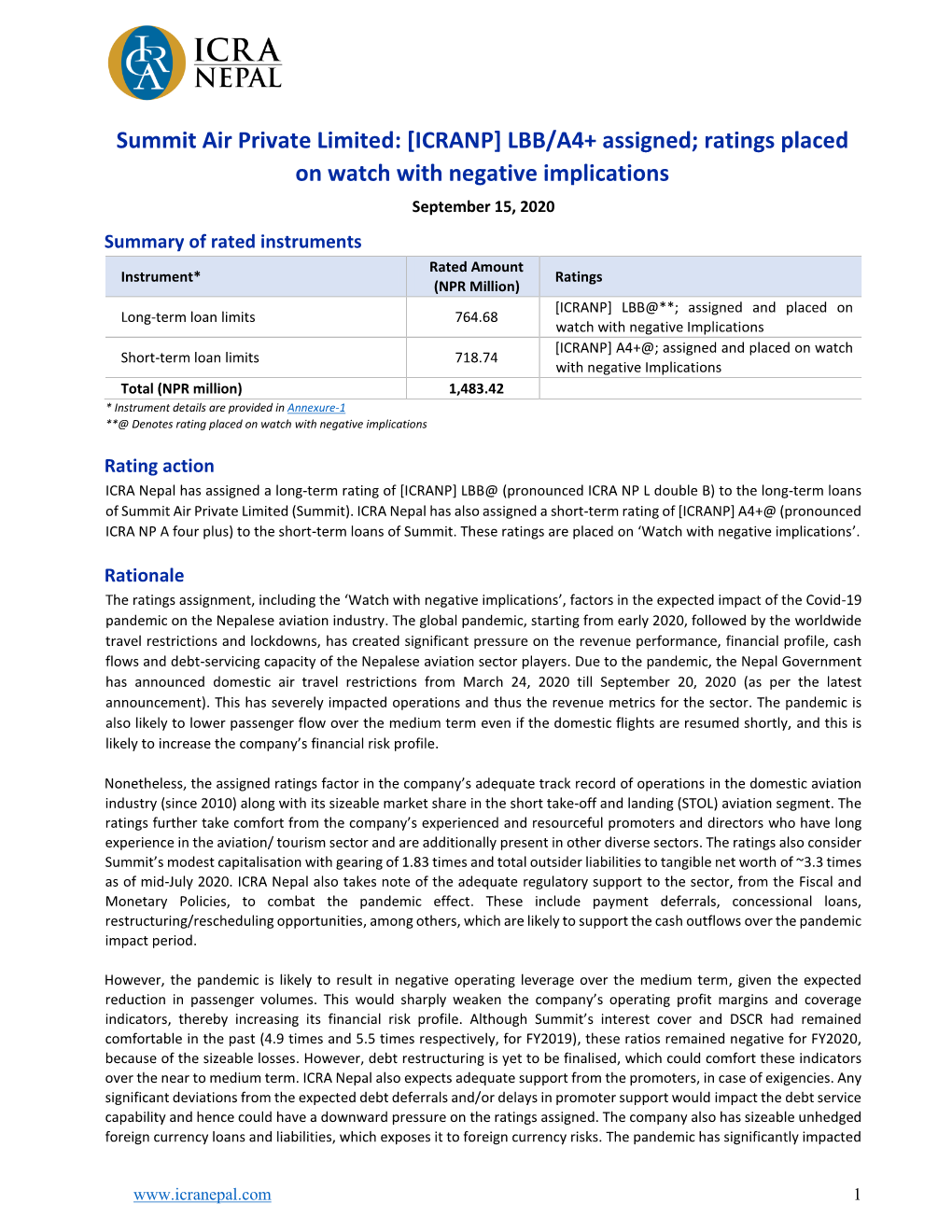 Summit Air Private Limited: [ICRANP] LBB/A4+ Assigned; Ratings Placed on Watch with Negative Implications September 15, 2020