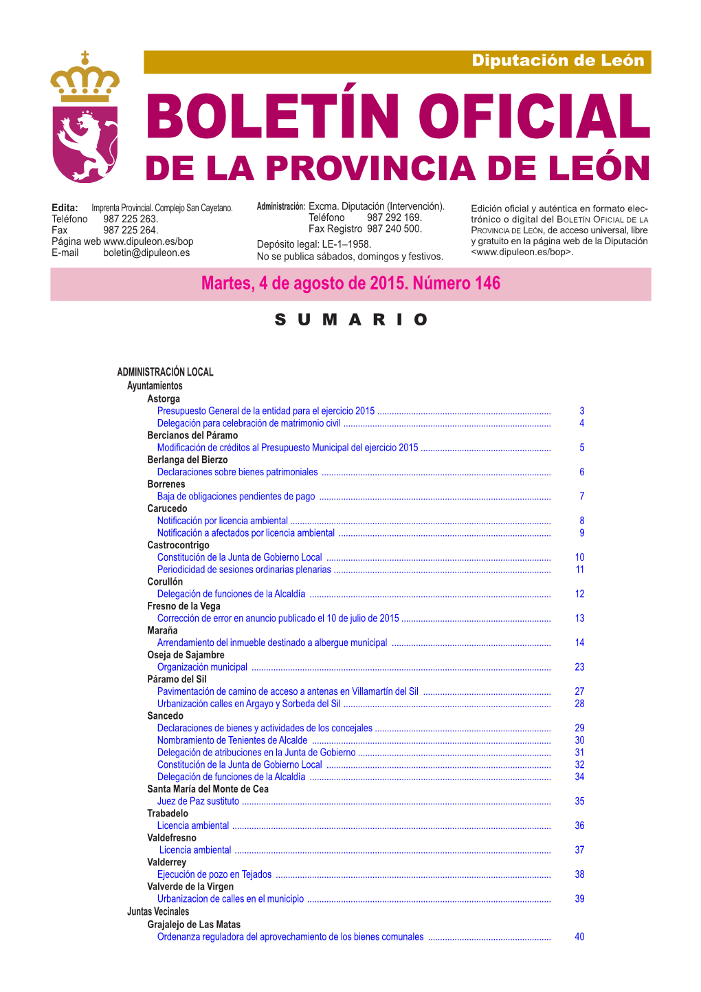 BOLETÍN OFICIAL DE LA PROVINCIA DE LEÓN Edita: Imprenta Provincial