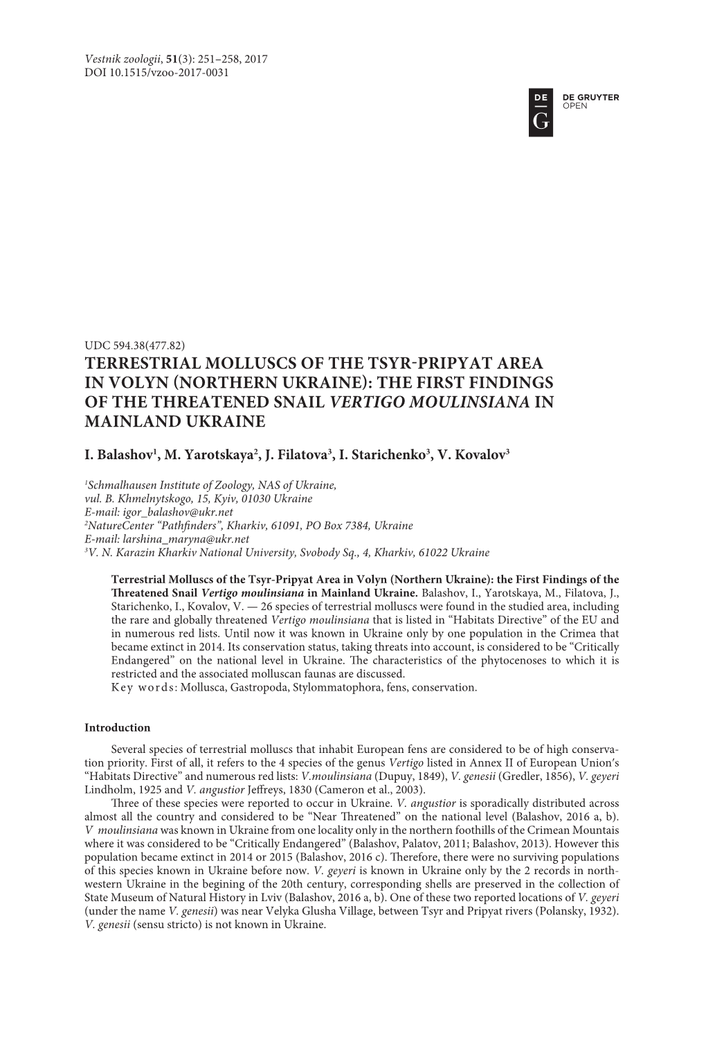 Terrestrial Molluscs of the Tsyr-Pripyat Area in Volyn (Northern Ukraine): the First Findings of the Threatened Snail Vertigo Moulinsiana in Mainland Ukraine