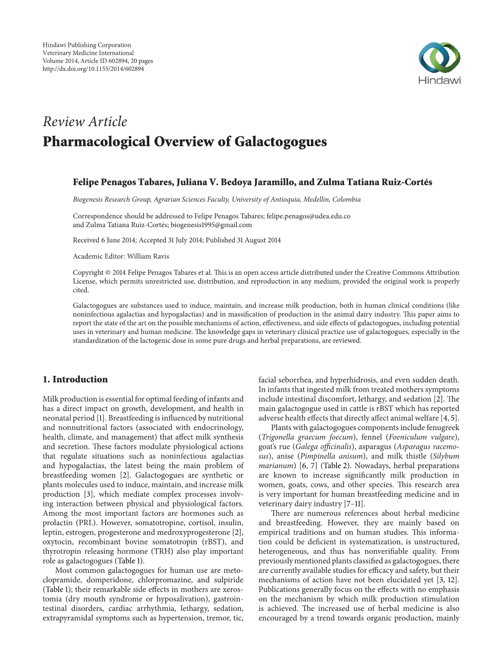 Review Article Pharmacological Overview of Galactogogues