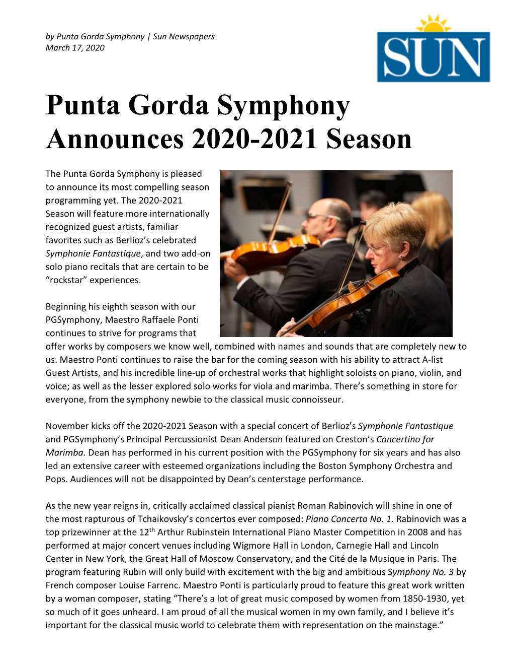 Punta Gorda Symphony Announces 2020-2021 Season