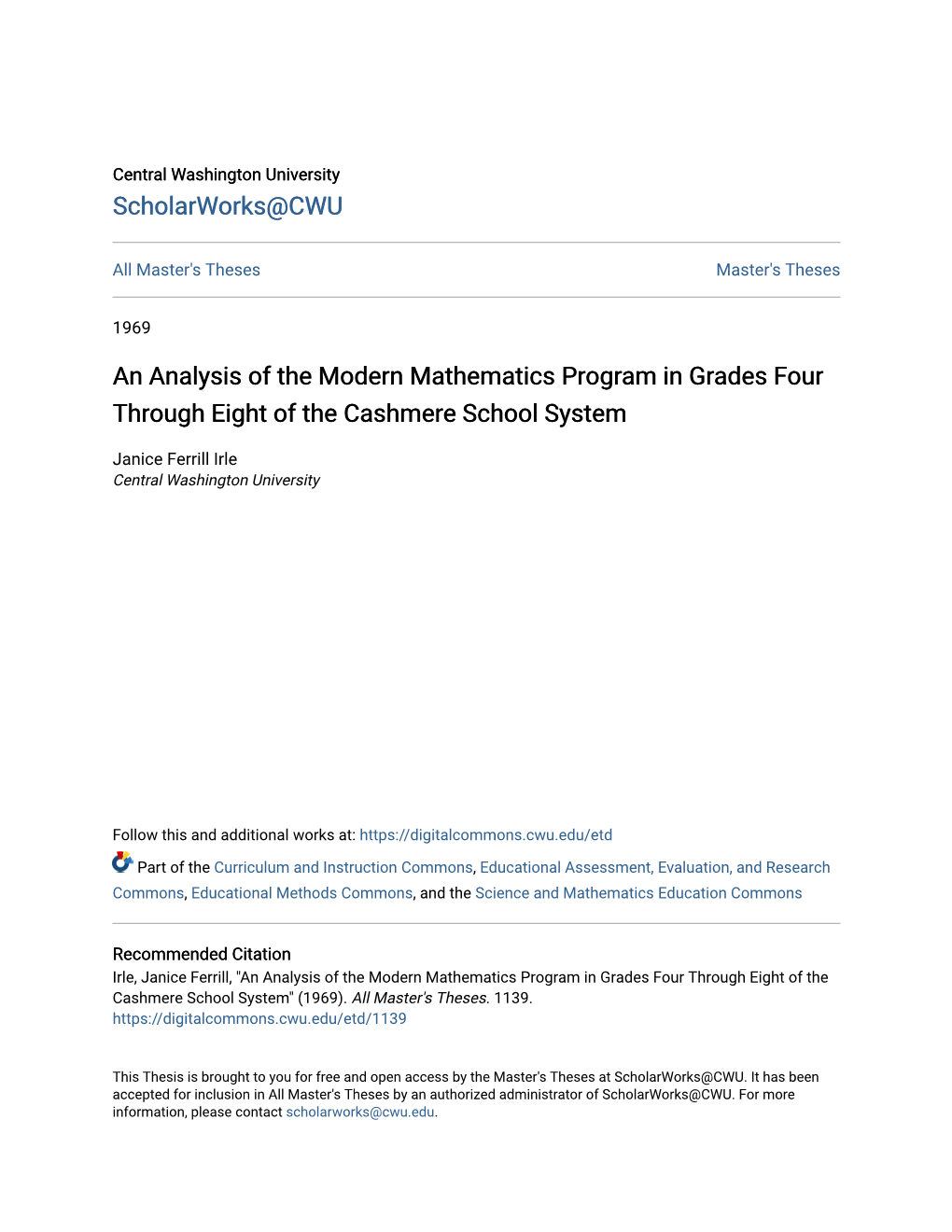 An Analysis of the Modern Mathematics Program in Grades Four Through Eight of the Cashmere School System