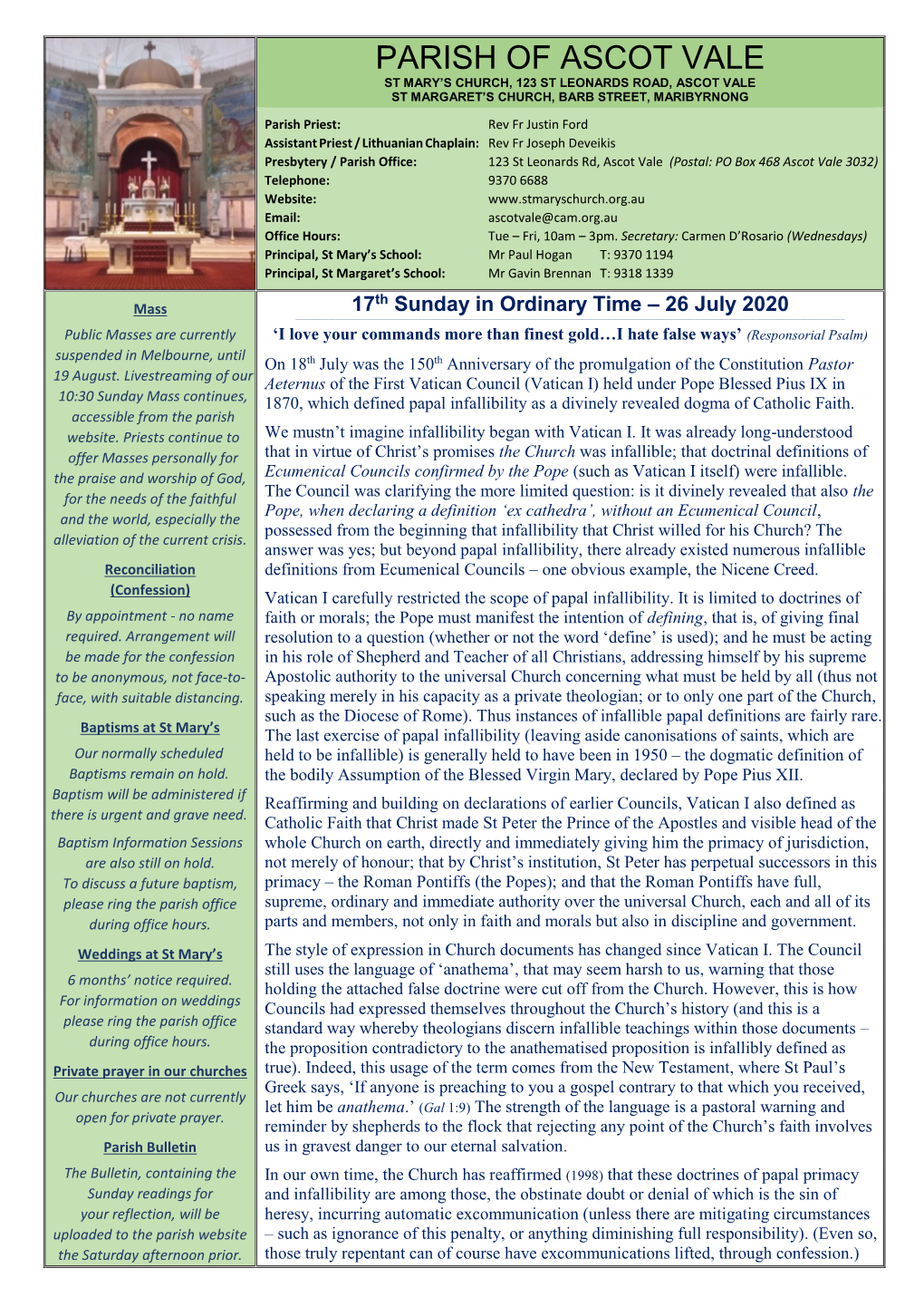 Parish Bulletin, 26 July 2020