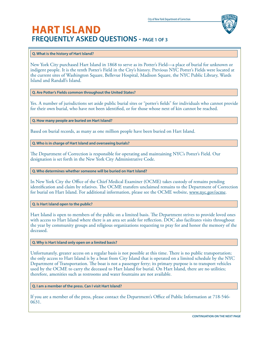 Hart Island Frequently Asked Questions - Page 1 of 3