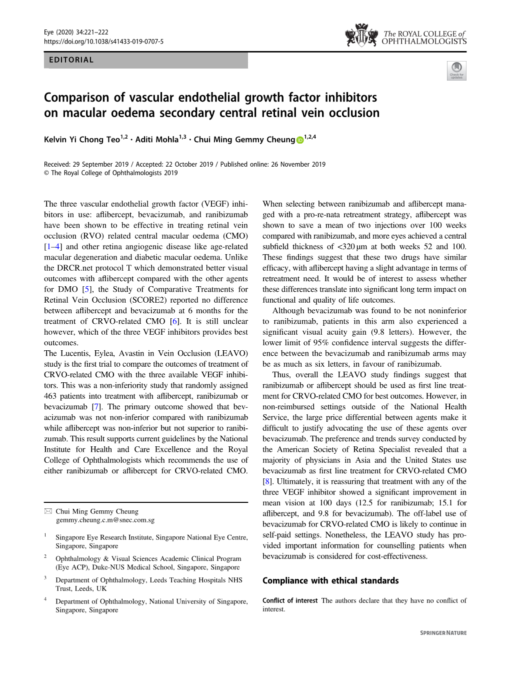 Comparison of Vascular Endothelial Growth Factor Inhibitors on Macular Oedema Secondary Central Retinal Vein Occlusion