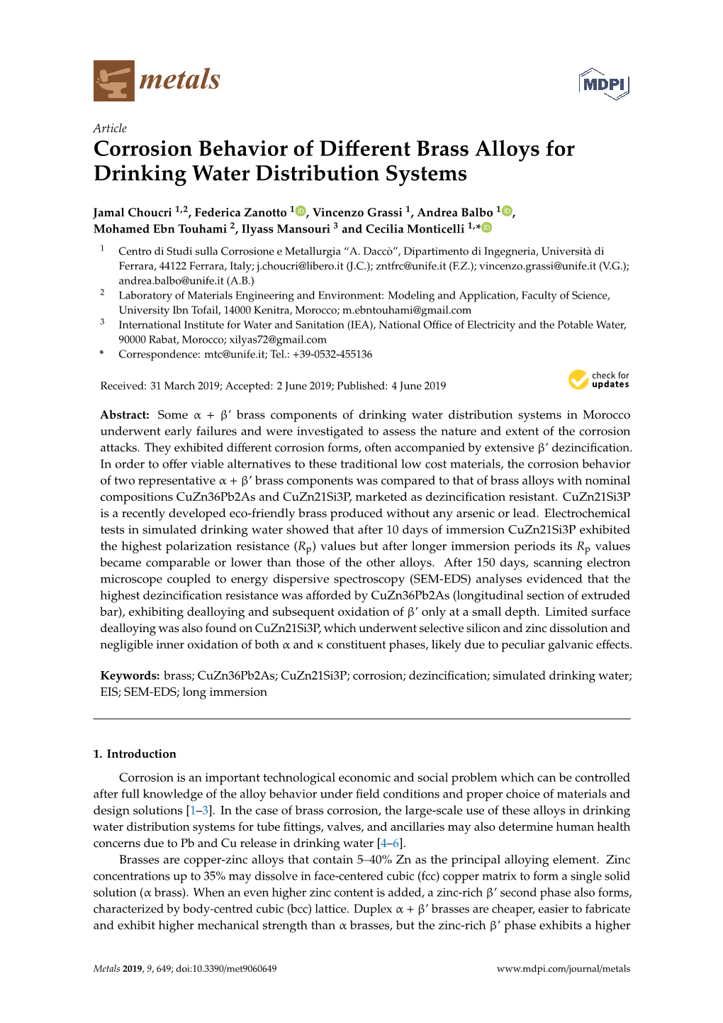 Corrosion Behavior of Different Brass Alloys for Drinking Water