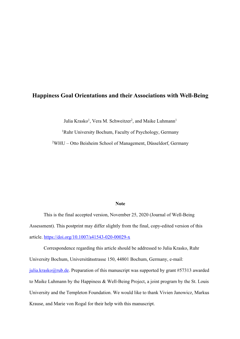 Happiness Goal Orientations and Their Associations with Well-Being