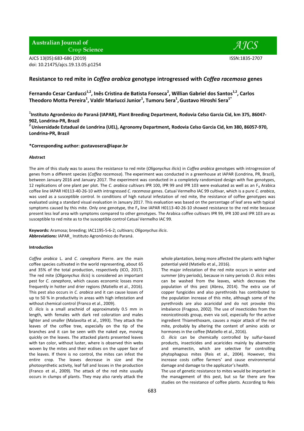 Resistance to Red Mite in Coffea Arabica Genotype Introgressed with Coffea Racemosa Genes