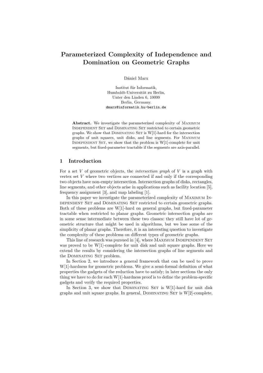 Parameterized Complexity of Independence and Domination on Geometric Graphs