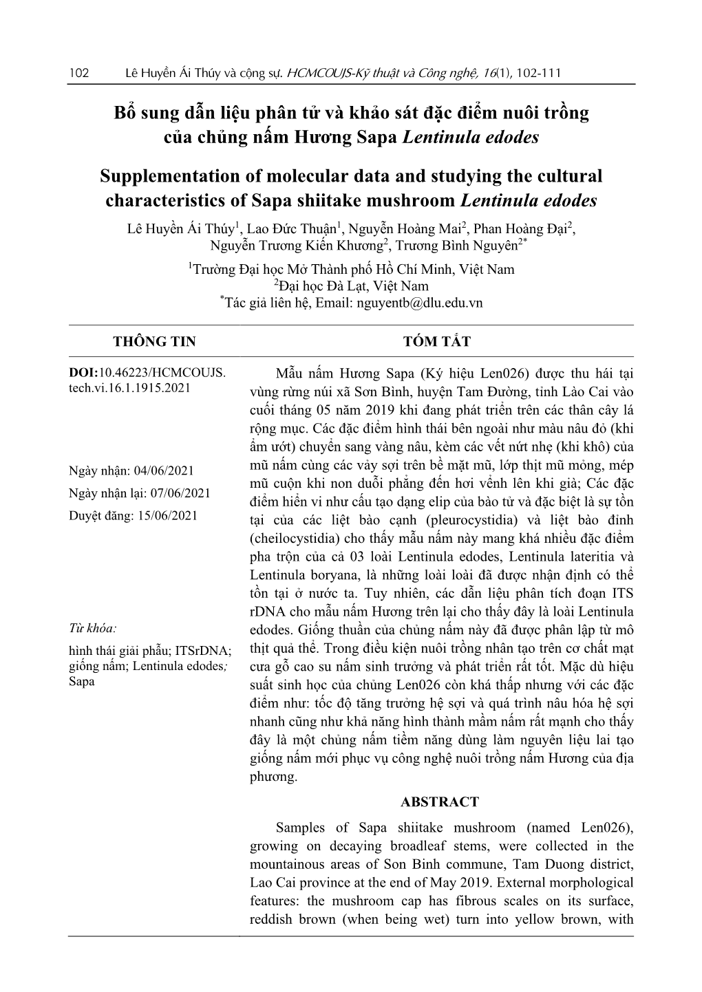 Bổ Sung Dẫn Liệu Phân Tử Và Khảo Sát Đặc Điểm Nuôi Trồng Của Chủng Nấm Hương Sapa Lentinula Edodes