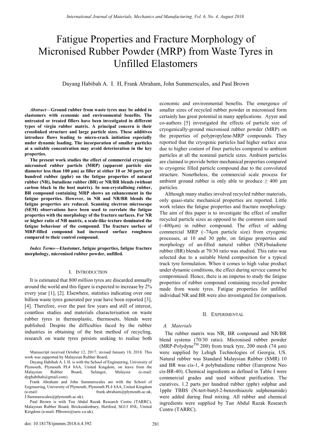 Fatigue Properties and Fracture Morphology of Micronised Rubber Powder (MRP) from Waste Tyres in Unfilled Elastomers