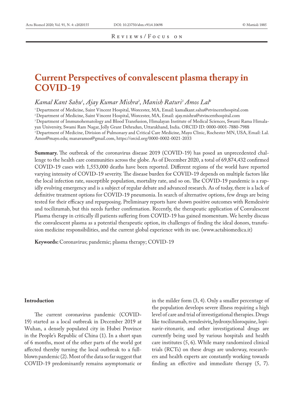 Current Perspectives of Convalescent Plasma Therapy in COVID-19