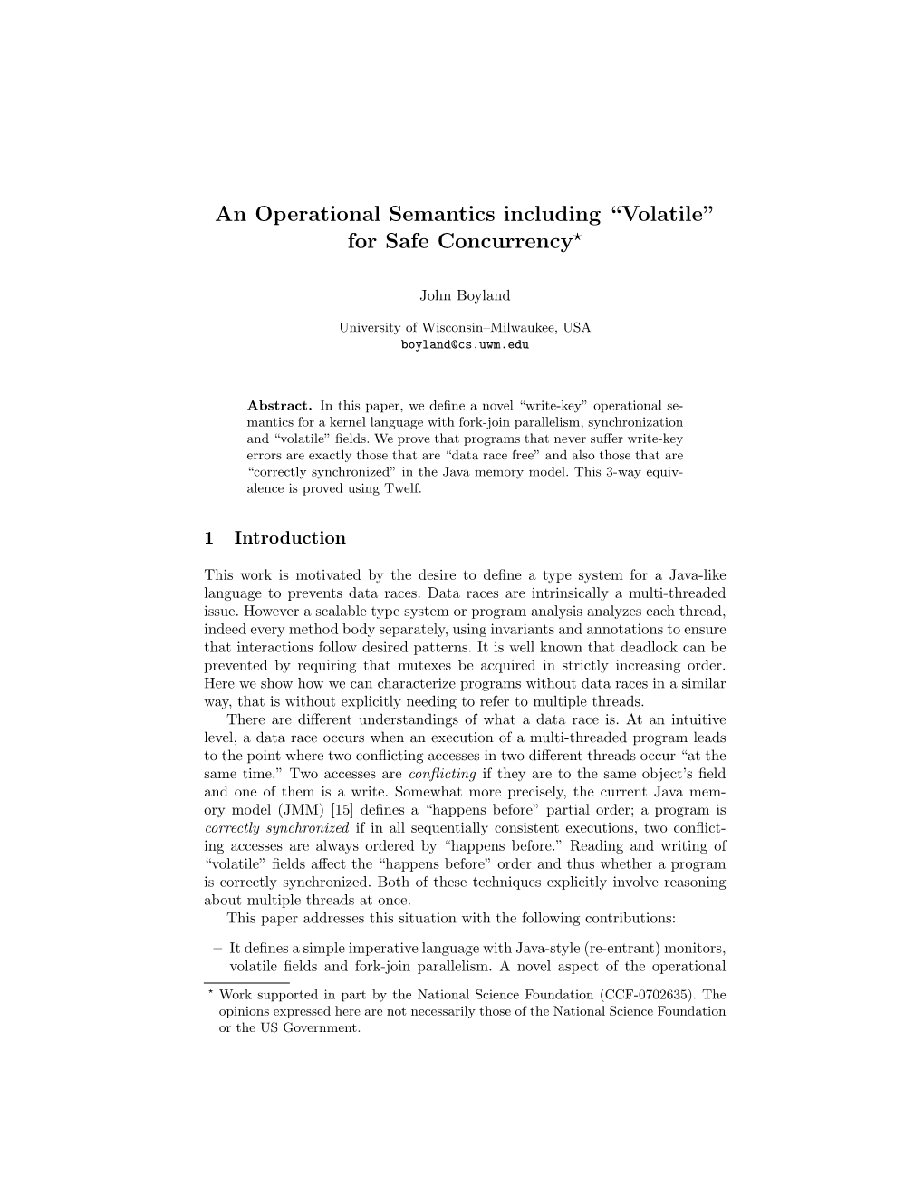 An Operational Semantics Including “Volatile” for Safe Concurrency*