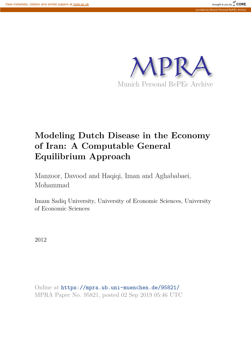 Modeling Dutch Disease in the Economy of Iran: a Computable General Equilibrium Approach