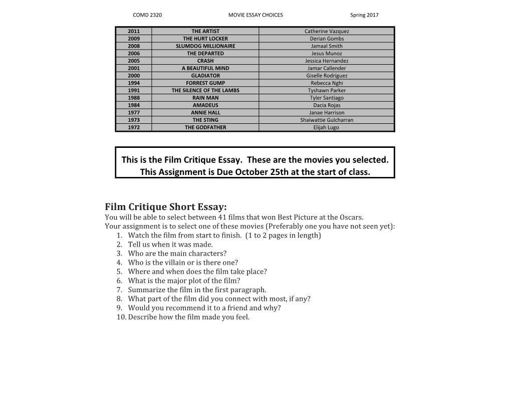 Film Critique Short Essay: You Will Be Able to Select Between 41 Films That Won Best Picture at the Oscars