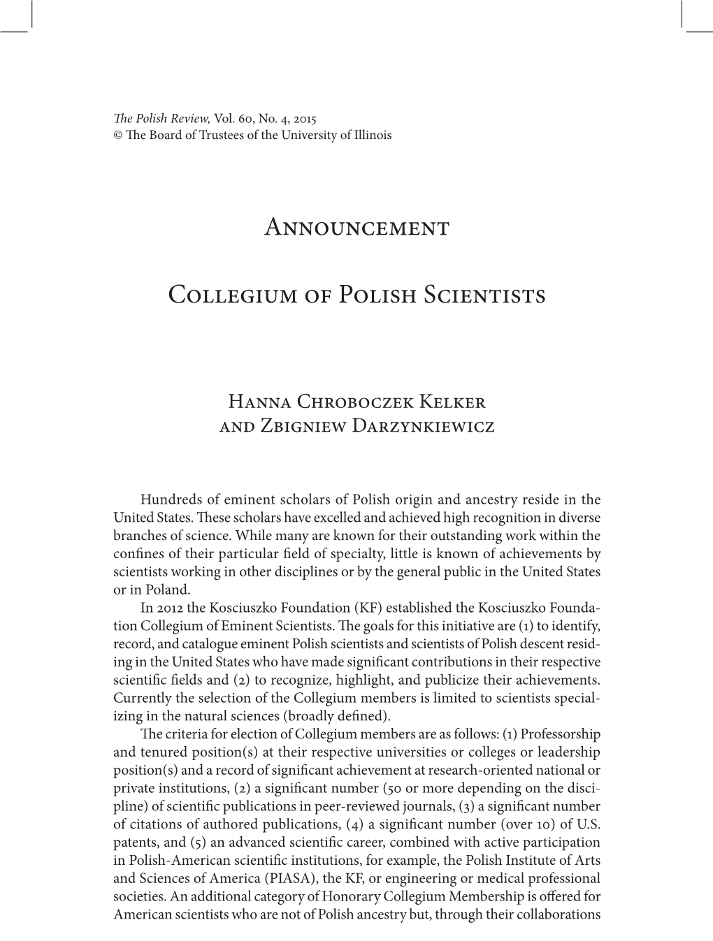 Announcement Collegium of Polish Scientists