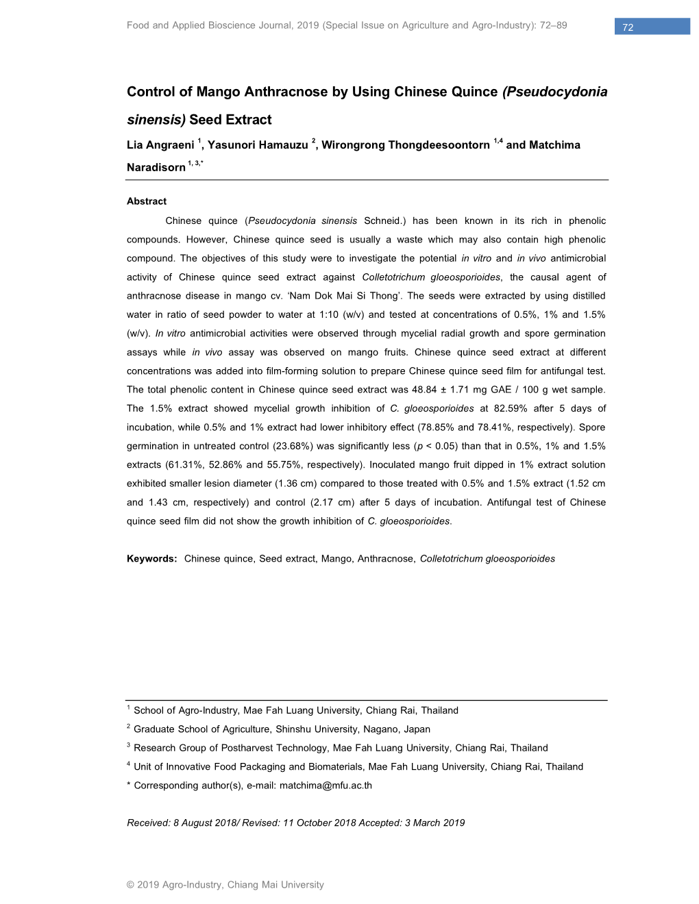 Control of Mango Anthracnose by Using Chinese Quince