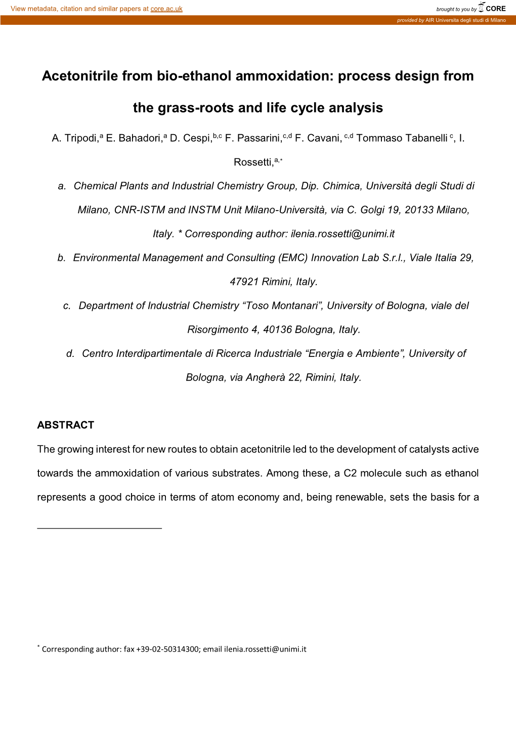 Acetonitrile from Bio-Ethanol Ammoxidation: Process Design From