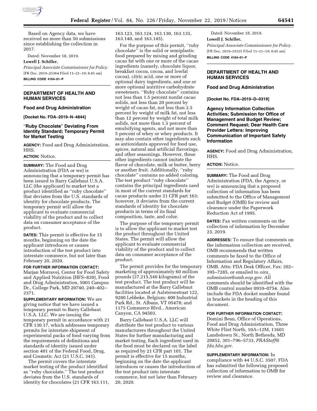 Federal Register/Vol. 84, No. 226/Friday, November 22, 2019