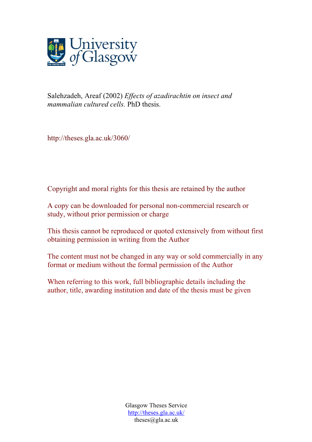 Salehzadeh, Areaf (2002) Effects of Azadirachtin on Insect and Mammalian Cultured Cells. Phd Thesis