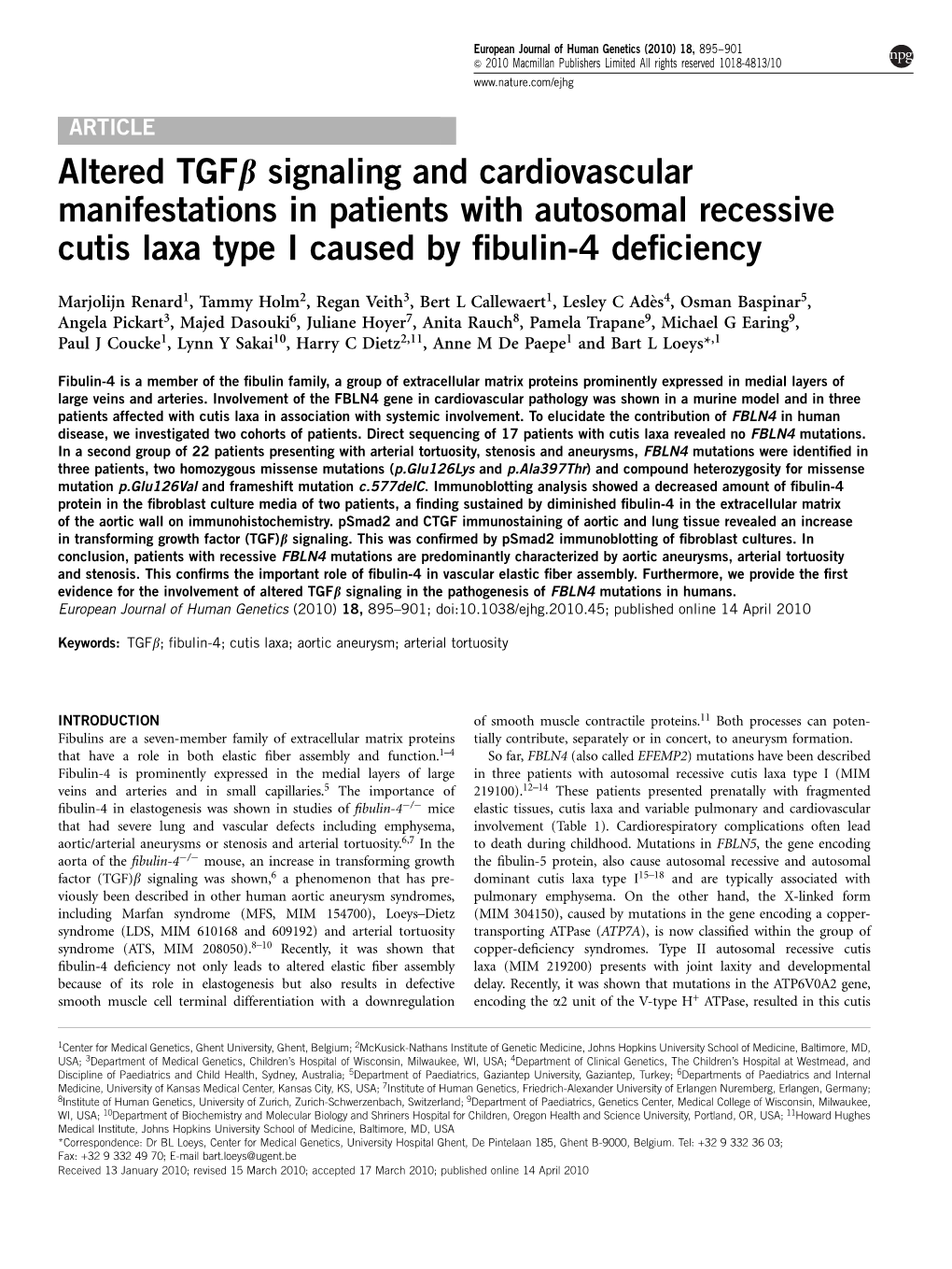 Signaling and Cardiovascular Manifestations in Patients with Autosomal Recessive Cutis Laxa Type I Caused by ﬁbulin-4 Deﬁciency