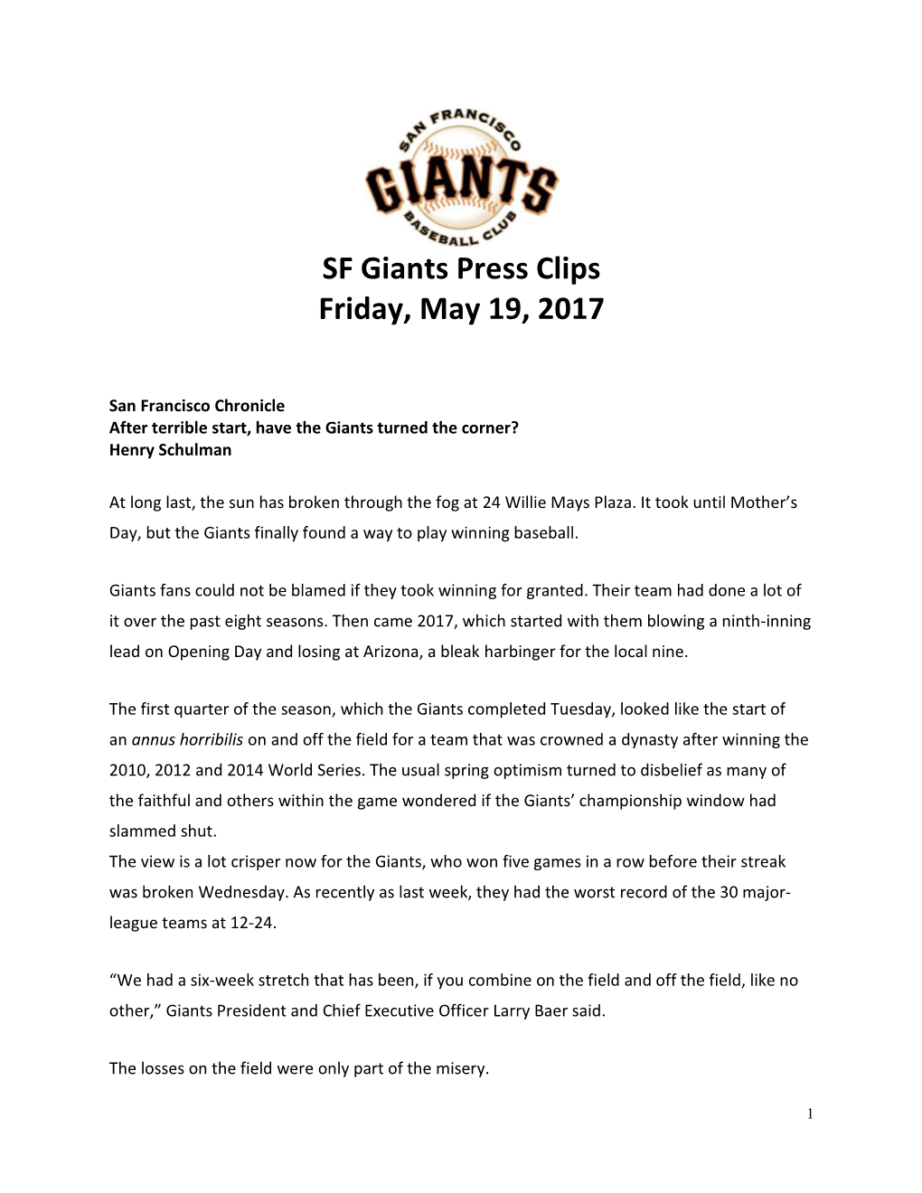 SF Giants Press Clips Friday, May 19, 2017