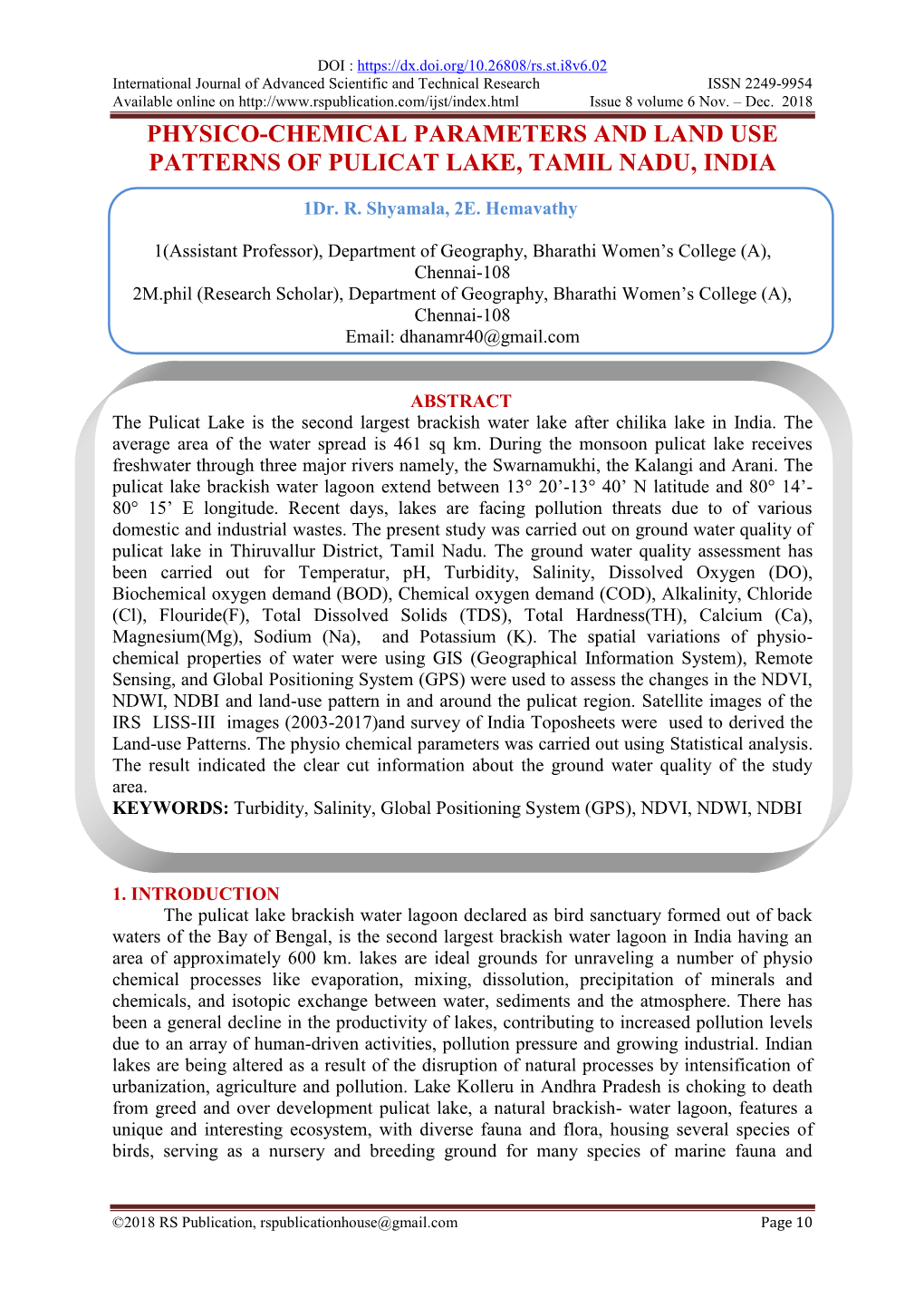 Physico-Chemical Parameters and Land Use Patterns of Pulicat Lake, Tamil Nadu, India