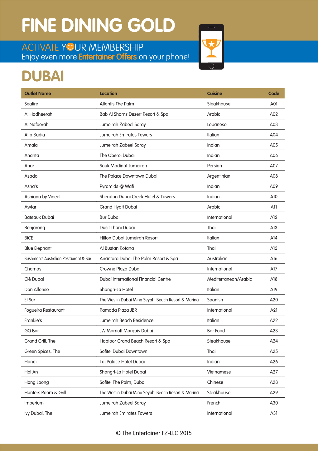 FINE DINING GOLD ACTIVATE Y UR MEMBERSHIP Enjoy Even More Entertainer Offers on Your Phone! DUBAI